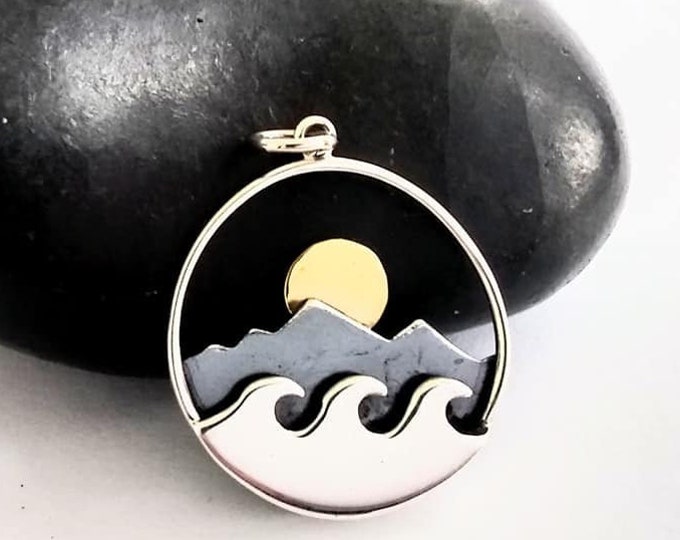 Mountain Wave and Moon Pendant, Sterling Silver Pendant, Wave Pendant, Mountain Pendant, Moon Pendant, Sterling Silver Charm