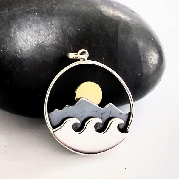 Mountain Wave and Moon Pendant, Sterling Silver Pendant, Wave Pendant, Mountain Pendant, Moon Pendant, Sterling Silver Charm