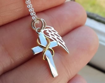 TINY Cross Charm with Angel Wing Sterling Silver Necklace, Memorial Faith Christian Religious Jewelry Necklaces for women
