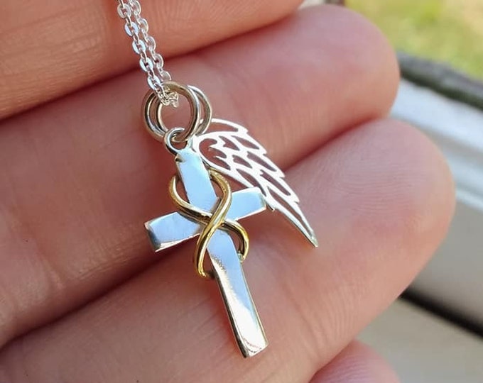 Cross Necklace, Sterling Silver, TINY Cross Charm Necklace, Cross Pendant, Angel Wing Necklace, Memorial Faith Christian Necklace for women