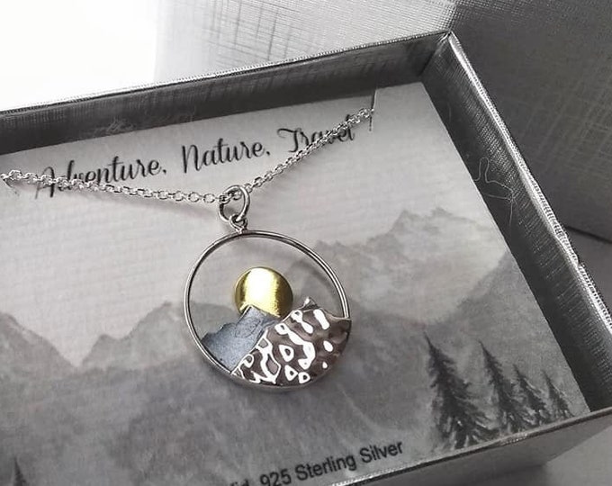 Co. Gold Mountain Necklace Adventure Charm Jewelry Gift Hiking Wildflower Personalized Jewelry Sunrise Camping