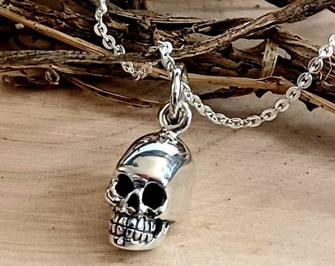 Tiny Human Skull Charm Necklace 925 Sterling Silver Minimalist Witch Halloween Tattoo Punk Jewelry