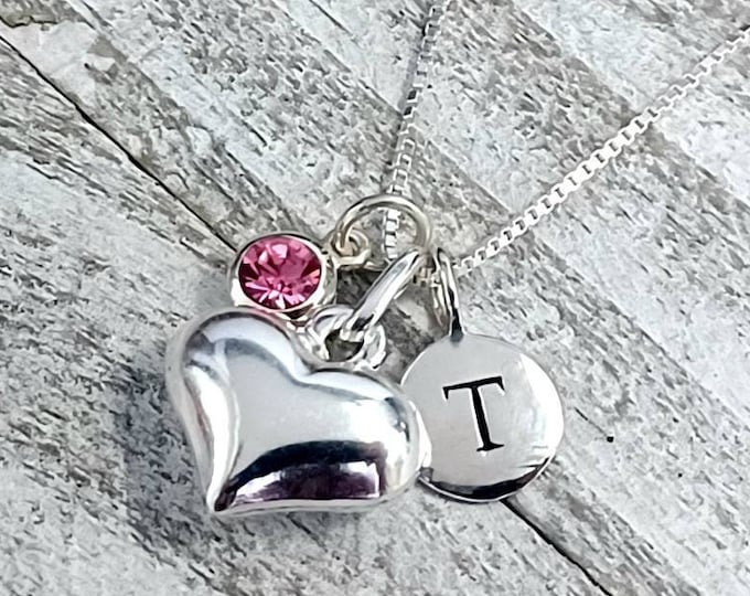 Sterling Silver Initial Birthstone Charm Necklace Letter Pendant Personalized Jewelry Gift