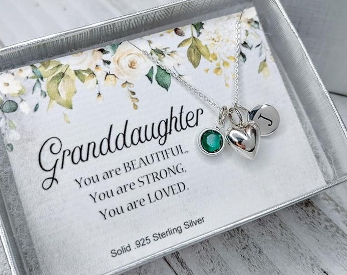 Granddaughter Gifts Necklace, Sterling Silver, Personalized Jewelry, Birthstone and Initial Charm Necklace, Birthday Gift for Granddaughter