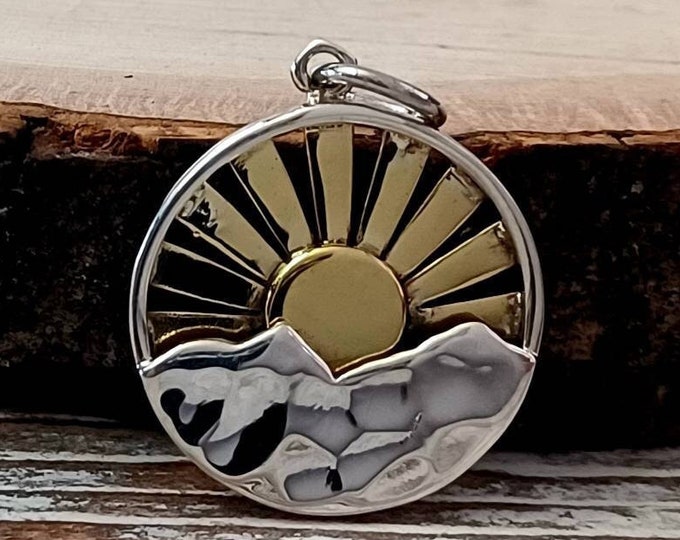 Sun and Mountain Charm 925 Sterling Silver, Mountain Charm, Sun Charm, Sunburst Pendant, Sun and Mountain Jewelry, Mixed Metal, Sun Pendant