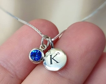 Birthstone Initial Necklace, Sterling Silver, Initial Charm, Initial Pendant, Birthstone Necklace, Initial Necklace, September Birthday Gift