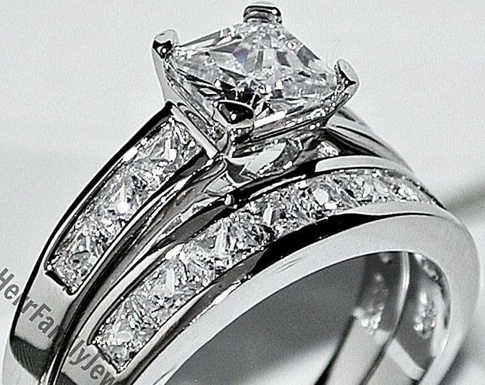 Sterling Silver 2.5TCW Simulated Diamond Princess square cut 2pc Engagement Ring Wedding Band Set - Women's size 4,5,6,7,8,9,10,11