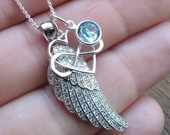 Angel Wing Necklace, Sterling Silver, Birthstone Necklace, Birthstone Charm, Personalized Gift for her, Memorial Necklace, Guardian Angel