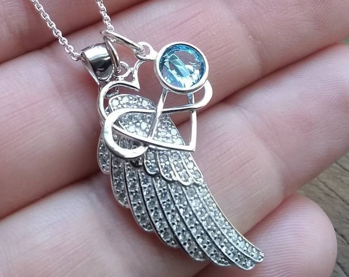 Angel Wing Necklace, Sterling Silver, Birthstone Necklace, Birthstone Charm, Personalized Gift for her, Memorial Necklace, Guardian Angel