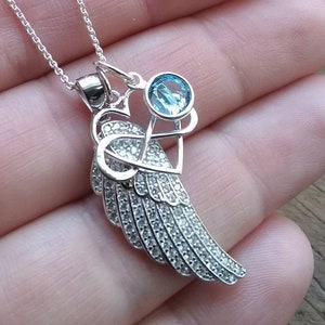 Angel Wing Necklace, Sterling Silver, Birthstone Necklace, Birthstone Charm, Personalized Gift for her, Memorial Necklace, Guardian Angel