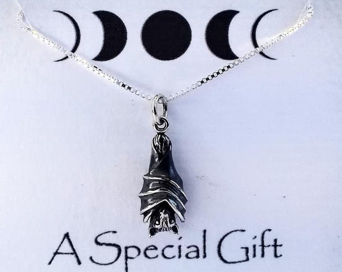 Bat Necklace Sterling Silver 925 Hanging Bat Charm Pendant Halloween Jewelry Gift Tattoo Witch Vampire Fall
