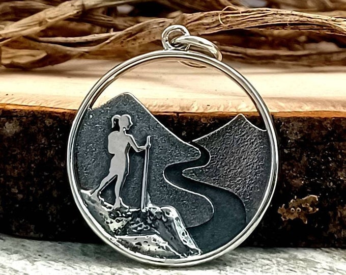 Hiking Charm, Hiking Pendant, Sterling Silver, Hiker Jewelry, Hiker Charm, Hiker Pendant, Hiking Gift for her