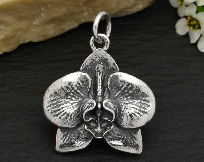 Orchid Blossom Flower Charm, Sterling Silver Charm, Flower Charm, 1pc 21mm small