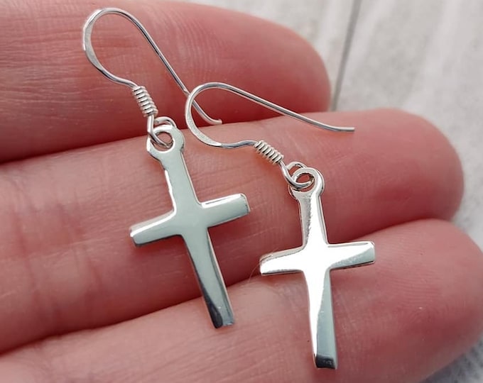 Cross Earrings Sterling Silver 925, Dangle Drop Cross Earrings, Christian Jewelry, Faith Religious Baptism Jewelry, Gift for her