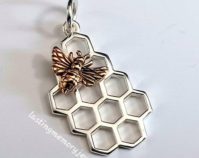 Honeycomb with Bee Charm, Sterling Silver, Honeycomb Charm, Honeycomb Pendant, Bee Pendant, Wholesale Charms