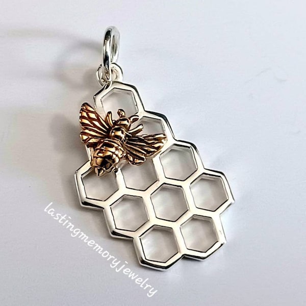 Honeycomb with Bee Charm, Sterling Silver, Honeycomb Charm, Honeycomb Pendant, Bee Pendant, Wholesale Charms