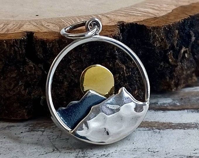Mountain Charm with Bronze Moon Sun Sterling Silver, SMALL, 1/2 inch, Silver Mountain Charm