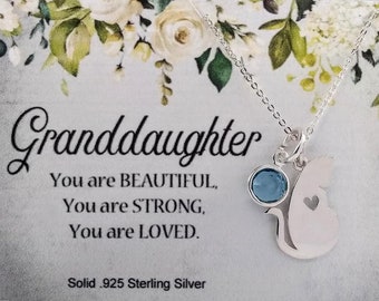 Granddaughter Cat Necklace, Sterling Silver Swarovski Birthstone Cat Necklace, Gift for Granddaughter Necklace