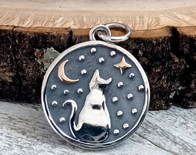 Sitting Cat Charm with Moon, Sterling Silver Charm, Sterling Silver Pendant, Cat Pendant, Cat Jewelry, Kitty Cat, Halloween Charms