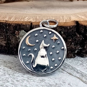 Sitting Cat Charm with Moon, Sterling Silver Charm, Sterling Silver Pendant, Cat Pendant, Cat Jewelry, Kitty Cat, Halloween Charms