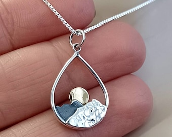 Mountain and Sunset Necklace Sterling Silver Charm Pendant Jewelry Adventure Travel Skiing Camping Hiking Anniversary Gift for her Gift Box