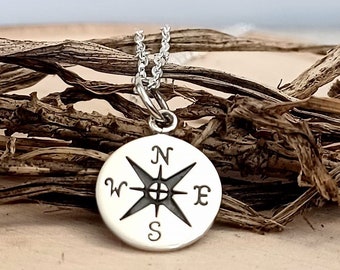 Compass Necklace Sterling Silver, Small Compass Pendant, Compass Charm, Silver Chain, Graduation Necklace, Graduate Gift, Travel Jewelry