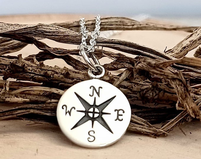 Compass Necklace, Sterling Silver, Small Compass Pendant, Compass Charm, Silver Chain, Graduation Necklace, Graduate Gift, Travel Jewelry