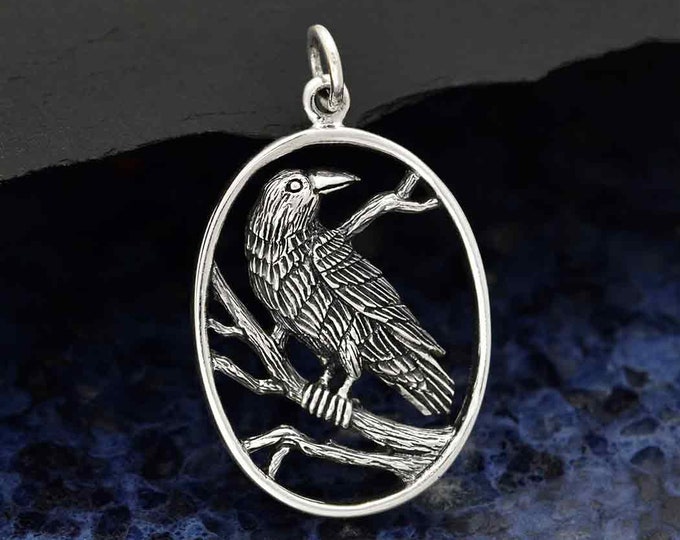 Sterling Silver Raven Charm, Sterling Silver Raven Pendant in oval Frame, Raven Pendant, Bird Charm, Bird Pendant, Sterling Silver Charm
