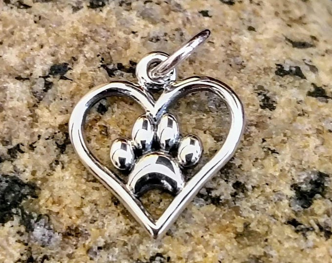 TINY Heart Paw Charm for Bracelet, Sterling Silver, Paw in Heart Charm, Dog Charm, Cat Charm, Silver Paw Print Charm, Memorial Charm