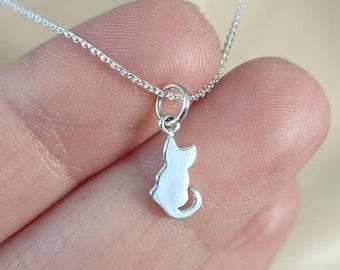 Tiny Cat Necklace, Sterling Silver, Silver Kitty Cat Charm Necklace, Minimalist Dainty Cat Necklace for women or girls