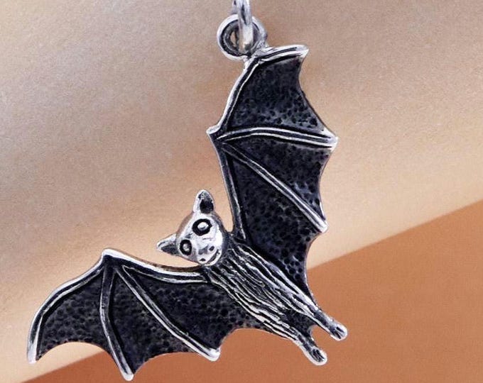 Bat Charm, Sterling Silver, Bat Pendant, Silver Bat Charm, Halloween Charm, Flying Bat Charm