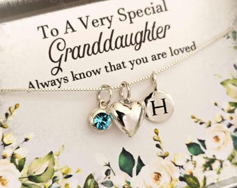 Granddaughter Gifts Necklace, Sterling Silver, Birthstone and Initial Necklace, Personalized Jewelry, Heart Charm Necklace for Granddaughter
