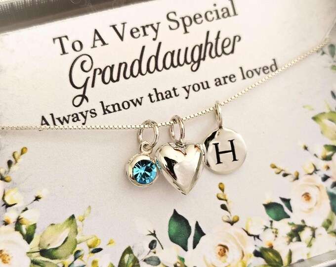 Granddaughter Gifts Necklace, Sterling Silver, Birthstone and Initial Necklace, Personalized Jewelry, Heart Charm Necklace for Granddaughter