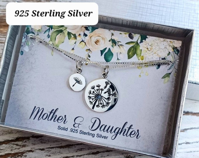 Mothers Day Gifts, Dandelion Charm Necklace, Sterling Silver, Mother and Daughter Matching Necklace Set, Personalized Jewelry, Gifts for mom