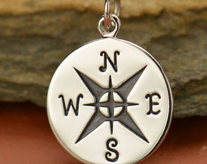Compass Charm 925 Sterling Silver, Small Compass Pendant, Silver Compass Charm, 16mm, Travel Charm, Graduate Charm, Gift for her
