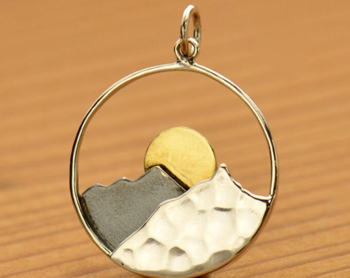 Mountain Charm with Bronze Moon, Mountain Charm, Outdoors Charm, Sterling Silver Charm, Sterling Silver Pendant, Larger Charm