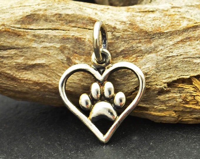 Sterling Silver Paw Charm, Tiny Paw in Heart Charm, 925, Dog Charm, Cat Charm, Paw Print Charm, Small Paw Pendant, Pet Memorial