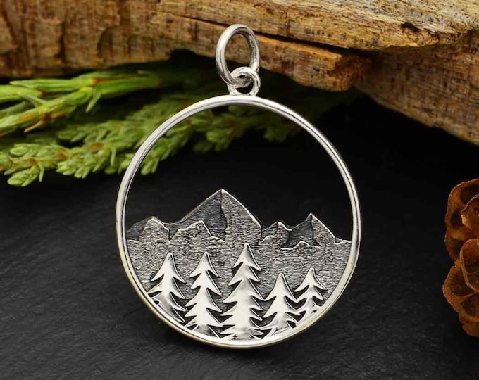 Hand Carved Mountain Tree Pendant, Sterling Silver, Mountain Pendant, Pine Tree Pendant, Tree Jewelry,  Mountain Jewelry