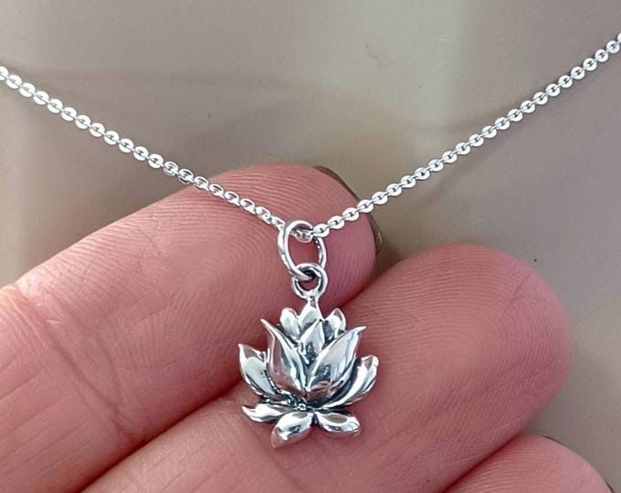 Tiny Lotus Blossom Charm Necklace, Sterling Silver, Silver Lotus Necklace, Flower Lotus Necklace Minimalist Jewelry Gift, Mothers Day Gifts