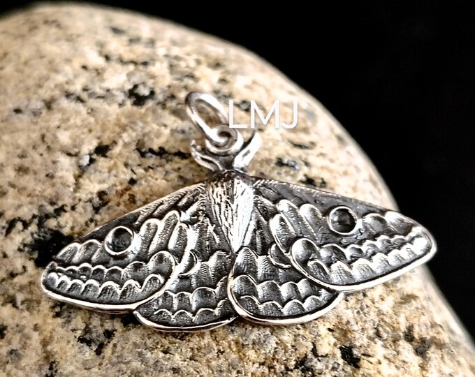 Sterling Silver Moth Pendant Oxidized Luna Lunar Moths Charm Butterfly Jewelry, 30mm x 21mm