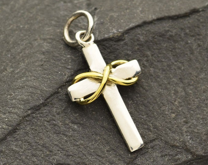 Cross Charm, Sterling Silver, Silver Cross Charm with Bronze Infinity Symbol Pendant, Religious, Christian, Faith, Jewelry