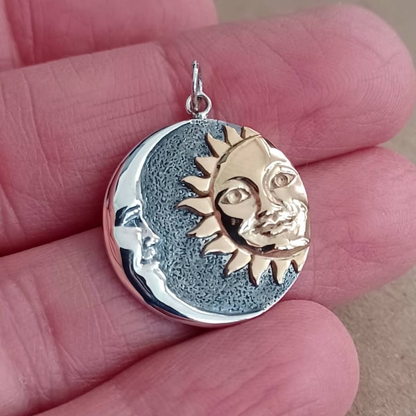 Sun and Moon Pendant 925 Sterling Silver, Celestial Jewelry, Moon Charm, Moon Face Smiling Pendant, Fall Jewelry,  Halloween