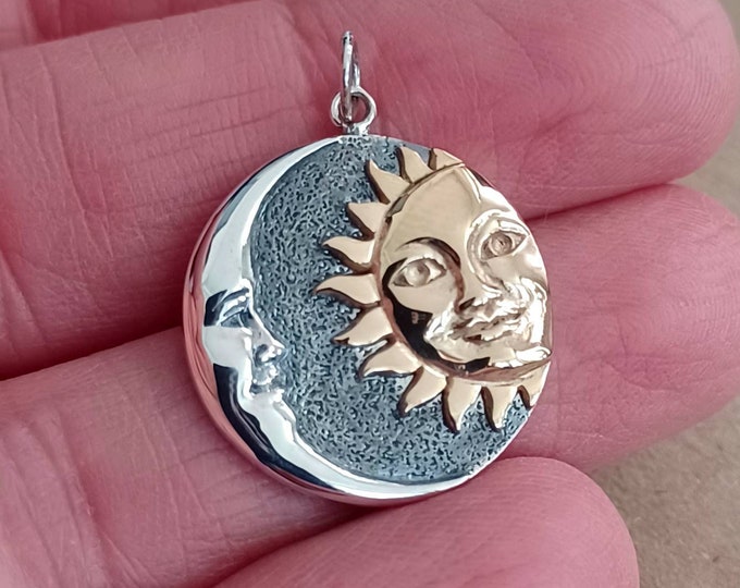 Sun and Moon Pendant, Sterling Silver, Moon Face Pendant, Smiling Man on the Moon, Moon Charm, Sunshine Charm, Jewelry, Gift for her