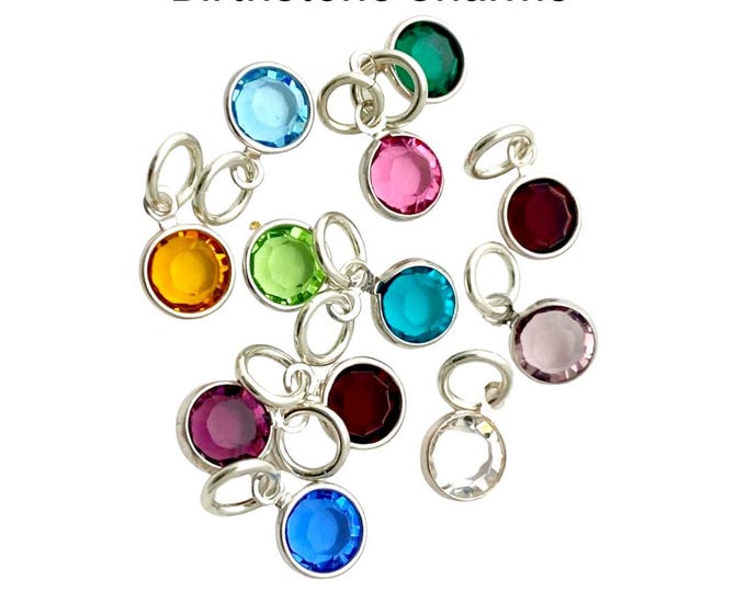 Birthstone Charm, Silver Birthstone Charm with Jump Ring, 6x8mm, Tiny Crystal Birthstone Charms, Rhodium center, 6mm, 8mm