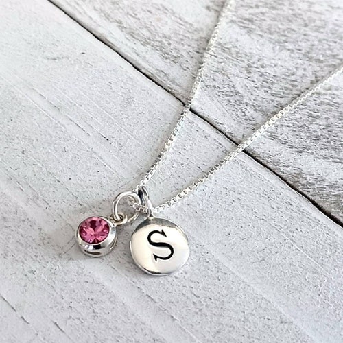 Birthstone Initial Necklace Sterling Silver Necklace - Etsy