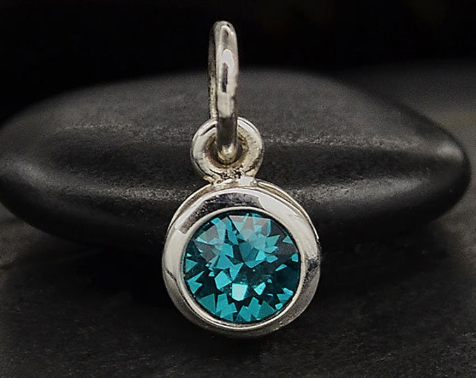 December Birthstone Charm, Sterling Silver, Crystal Birthstone Charm, Blue Topaz Charm, December Birthday, Handmade Jewelry, Supply