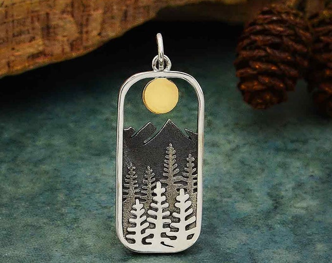 Mountain in Woods Pendant, Sterling Silver, Mountain Pendant, Mountain Jewelry, Tree Jewelry, Western Jewelry, Mixed Metal, Mountain Charm