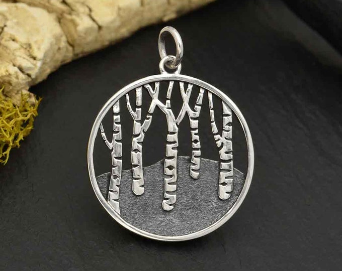 Birch Tree Forest Pendant, Sterling Silver Pendant, Sterling Silver Charm, Tree Pendant, Mountain Pendant, Forest Charm, Nature Charm