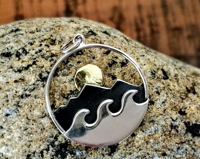 Sterling Silver Mountain and Ocean Pendant with Bronze Sun, Mountain Pendant, Waves Pendant, Ocean Charm, Beach Charm, Outdoor Charm, Large