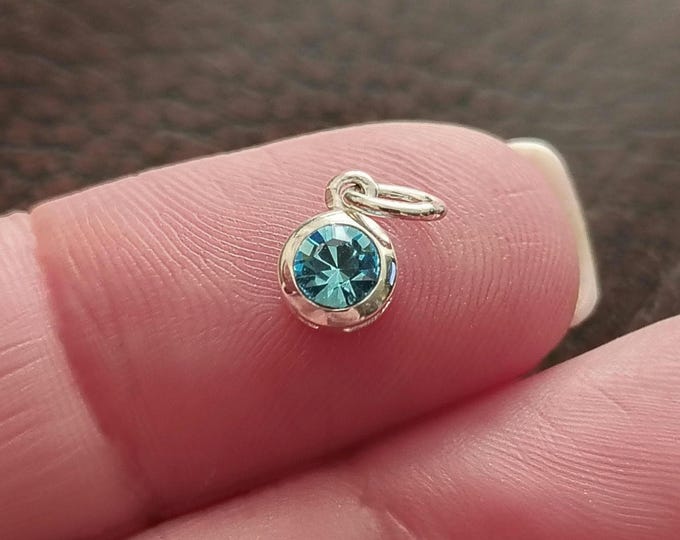 March Birthstone Charm, Sterling Silver, Crystal Birthstone, TINY, Aquamarine Birthstone Charm, March Birthday, Bracelet Charms, 925